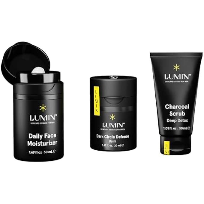 LUMIN مجموعة روتين العناية بالبشرة للرجال - بوس تريو - مجموعة العناية بالوجه للرجال، روتين العناية بالبشرة للرجال يزيل الهالات السوداء، الانتفاخ، المسام المسدودة - إمداد لمدة 2 شهر - Image 1